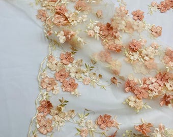 Daisy 3D blommig spetstyg, blush persika broderad mesh med pärlor