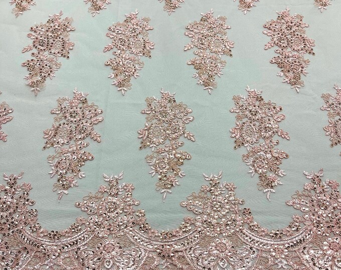 Pink Floral corded embroider with sequins on a mesh lace fabric-prom-sold by the yard.