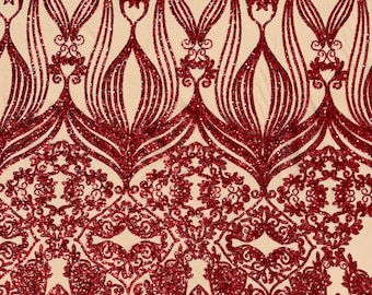 Red Hologram sequin damask design on a Nude 4 way stretch mesh-sold by the yard.