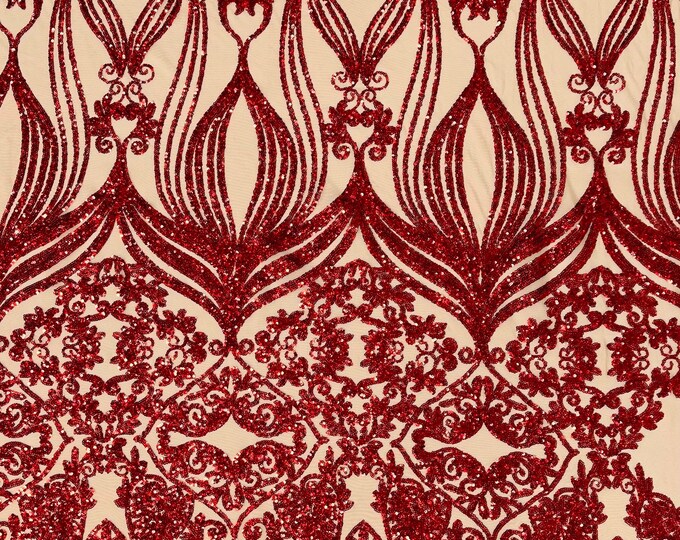 Red Hologram sequin damask design on a Nude 4 way stretch mesh-sold by the yard.