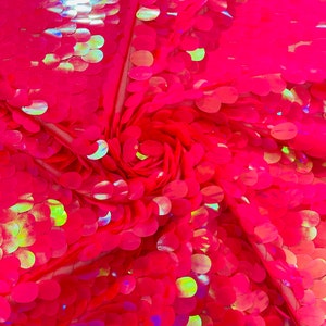 Hot Pink Iridescent Jumbo Sequins Oval Sequin Paillette/Tear Drop Mermaid Big Sequins Fabric On Hot Pink Mesh/ 54 Inches Wide.