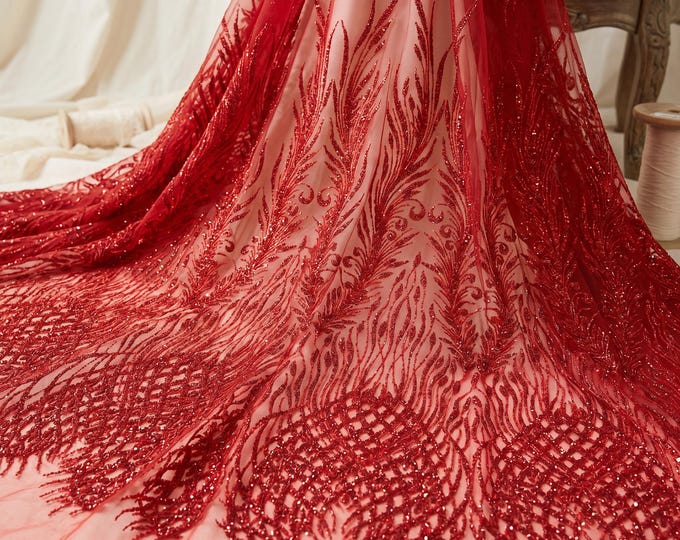 Red Feather Embroidered Beaded Mesh Lace Fabric By The Yard, Luxury Sequin Damask Lace For Prom Dresses, Bridal Gowns & Couture Fashion