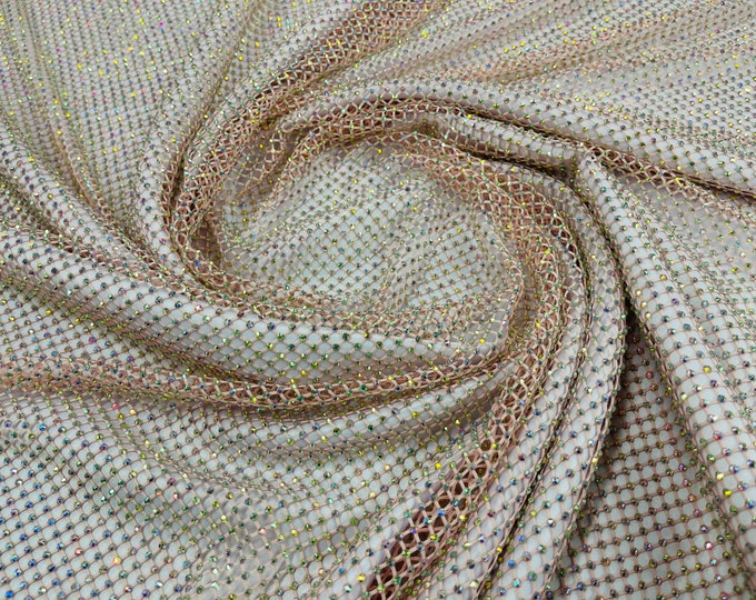 Blush AB Iridescent Rhinestones On Soft Stretch Fish Net Fabric 45" Wide -sold by The Yard.