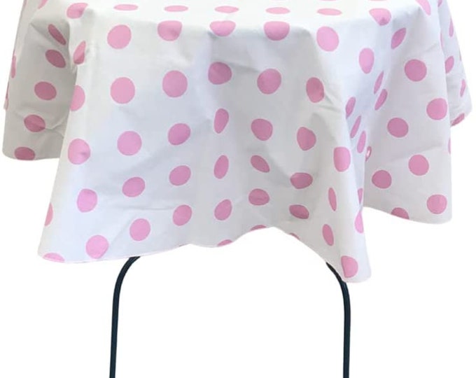 New Creations Fabric & Foam Inc, Round Poly Cotton Print Tablecloth (Polka Dot Pink on White. Choose Size Below