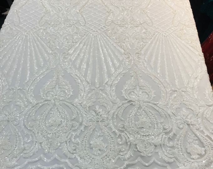 White shiny sequin damask design on a 4 way stretch mesh-prom-nightgown-sold by the yard-free shipping in the usa-