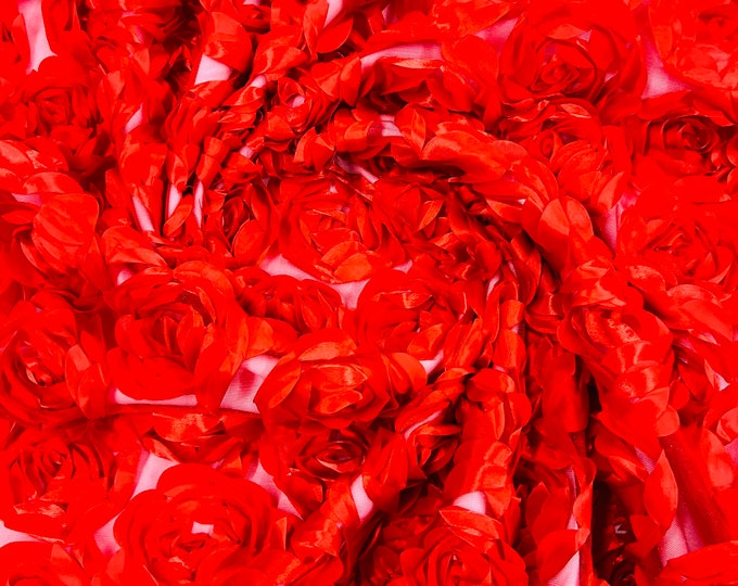 Red 3D Rosette Embroidery Satin Rose Flowers  Floral Mesh Fabric by the yard