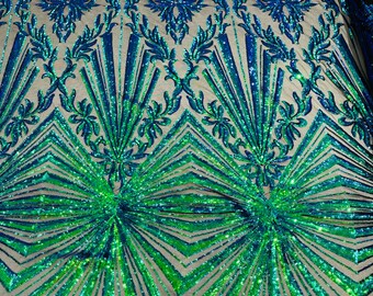 Green iridescent diamond damask design on a black 4 way stretch mesh-prom-sold by the yard.