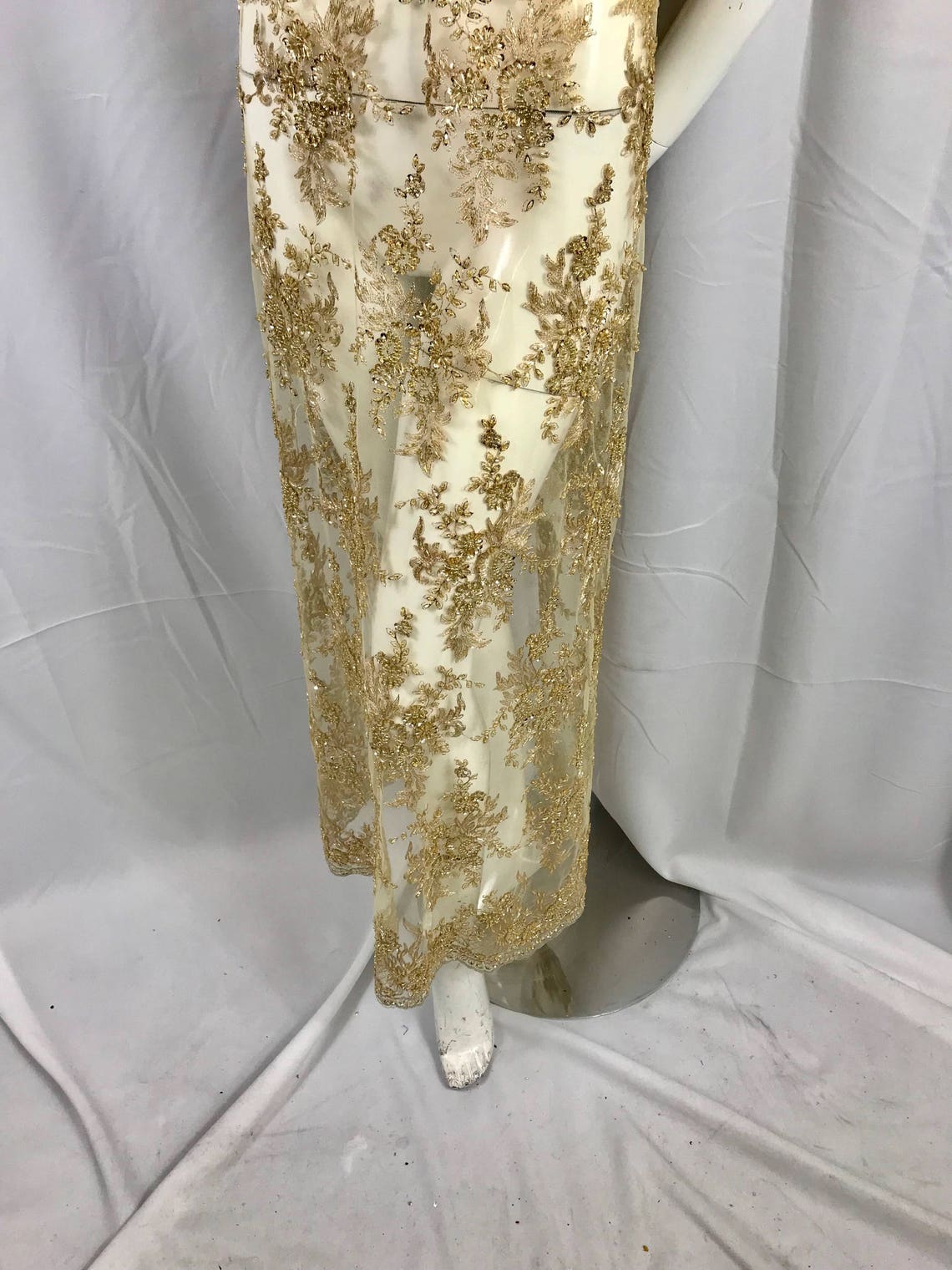Jade Green French Beaded Design Embroider On A Mesh-Prom-nightgown-sold By Yard.