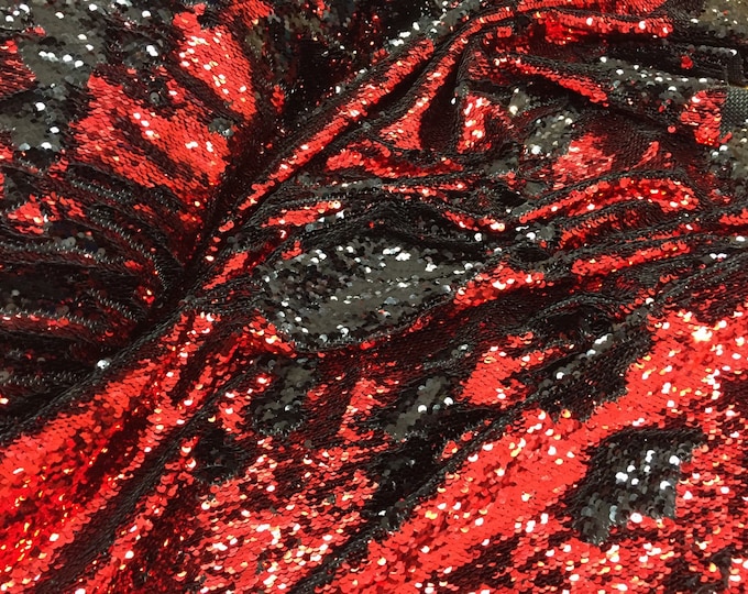 Red/black hologram mermaid fish scales- 2 way stretch lycra- 2 tone flip flop sequins-prom-nightgown-decorations-sold by the yard.