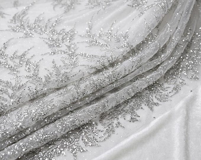 Silver White Beaded Glitter Mesh Lace Fabric by the Yard, Embroidered Bridal Lace for Wedding Dress, Prom Gown, Couture Fabric