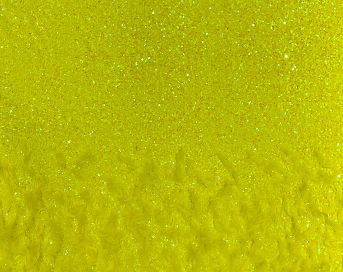 Neon Yellow Iridescent 5mm sequins on a stretch velvet with feathers  2-way stretch, sold by the yard