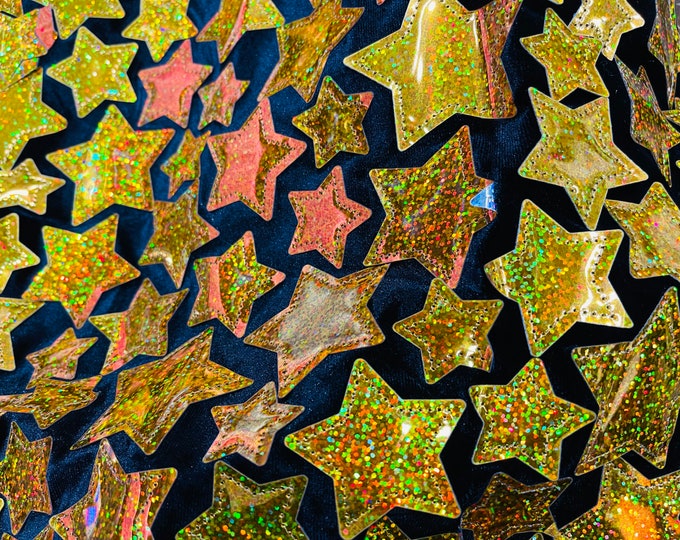 Gold hologram Iridescent sequin Stars On Black Stretch Velvet Fabric Sold By The Yard.