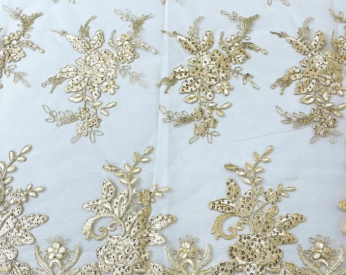 Metallic Gold corded embroider with sequins on a mesh lace fabric-prom-sold by the yard.