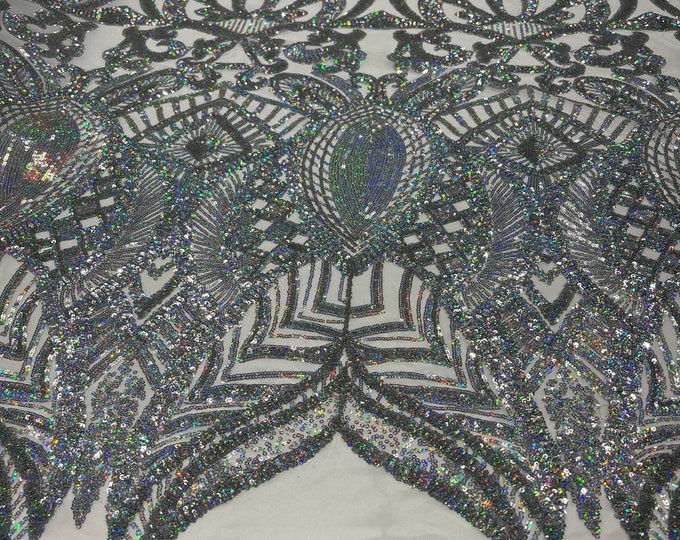 Silver iridescent royalty sequin design on a white 4 way stretch mesh-prom-sold by the yard.