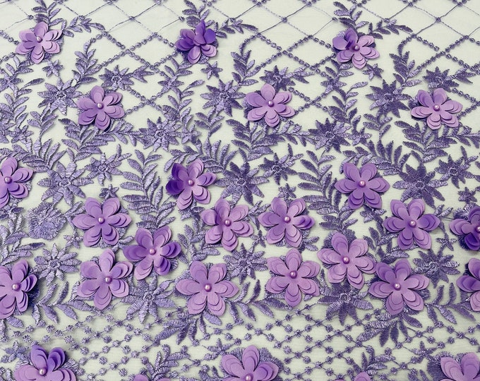 Lavender Lia 3d floral design embroider with pearls in a mesh lace-dresses-fashion-decorations-prom-nightgown-sold by the yard.