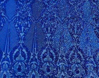 Royal Blue shiny sequin damask design on a 4 way stretch mesh-sold by the yard.