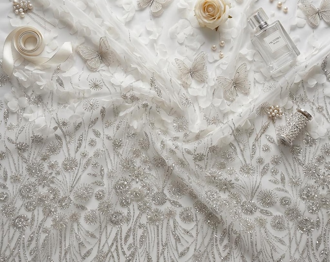Ivory 3D Floral Butterfly Beaded Lace Fabric by the Yard, Luxury Bridal Mesh Lace for Wedding Dress, Prom Gown, Couture Fabric