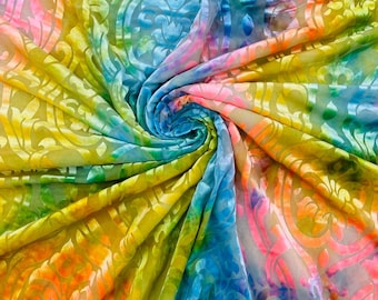 Multicolor 58" Wide Tie Dye Damask Print Burnout Stretch Velvet Fabric by The Yard.