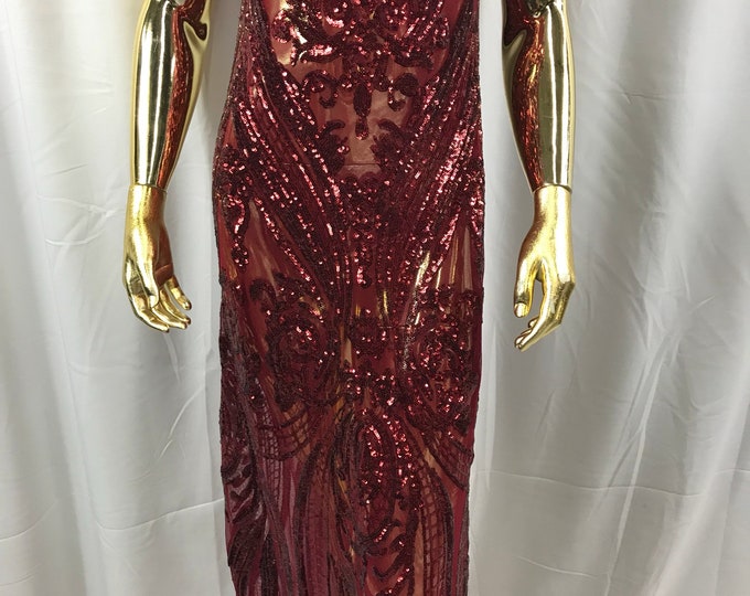 Burgundy empire design embroider with shiny sequins on a 4 way Stretch power mesh-dresses-fashion-prom-nightgown-sold by the yard.