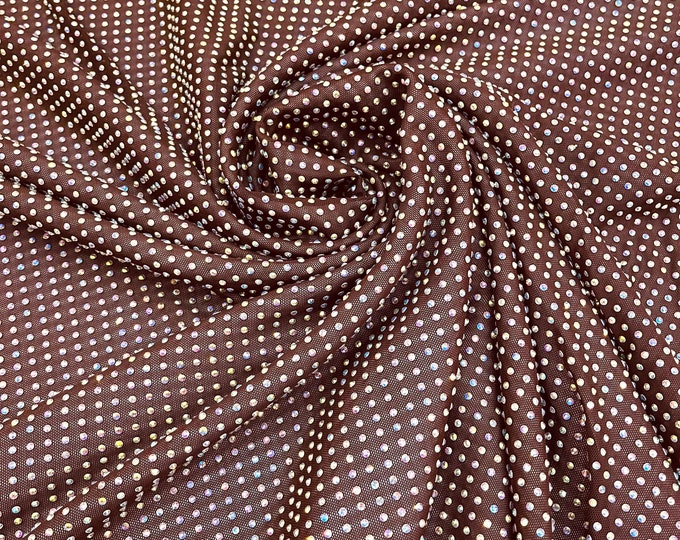 Brown AB-Iridescent Rhinestones On Soft Stretch Nylon Power Mesh Fabric 54” Wide -sold by The Yard.