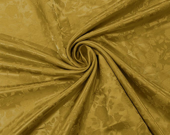 Dark Gold 58" Wide Polyester Flower Brocade Jacquard Satin Fabric, Wedding, Dressmaking