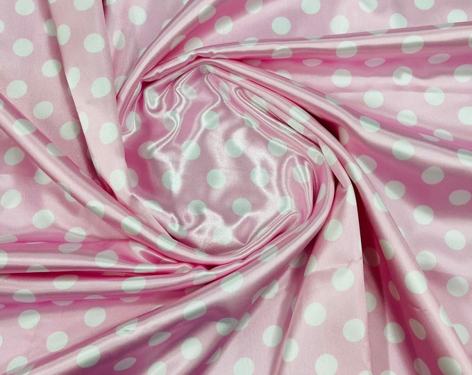 White 1/2 inch Multi Color Polka Dot On A Pink Soft Charmeuse Satin Fabric Sold By The Yard-60" Wide 100% Polyester.