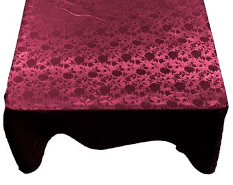 Burgundy Roses Jacquard Satin Rectangular Tablecloth Seamless/Party Supply.