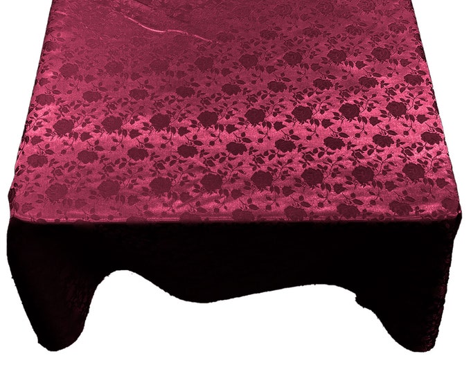 Burgundy Roses Jacquard Satin Rectangular Tablecloth Seamless/Party Supply.