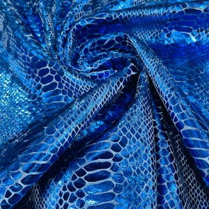Royal blue Illusion foil Snake design on a stretch velvet fabric-Sold by the yard.