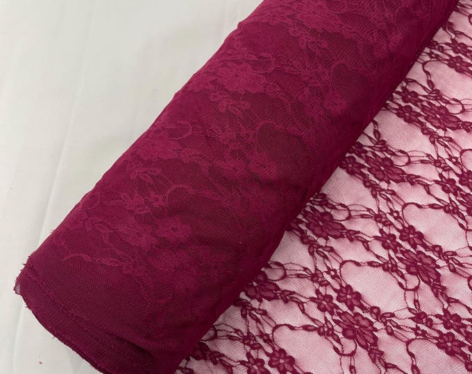 Burgundy Floral Vintage 4-Way Stretch Lace by the yard.