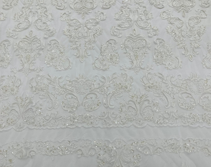 White My Lady Hand Beaded Sequins Lace Fabric/Sequin For Wedding Bridal 52" wide.