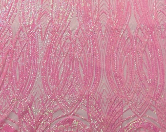 Candy pink iridescent Feather damask sequin design on a Pink 4 way stretch mesh Fabric-prom-sold by the yard.