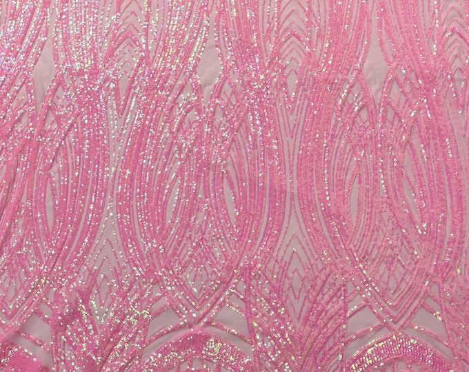 Candy pink iridescent Feather damask sequin design on a Pink 4 way stretch mesh Fabric-prom-sold by the yard.