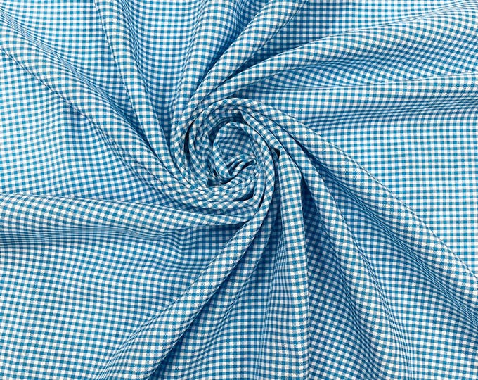 Turquoise Gingham 1/8” Squares, Polyester Checkered Fabric- Sold by the yard