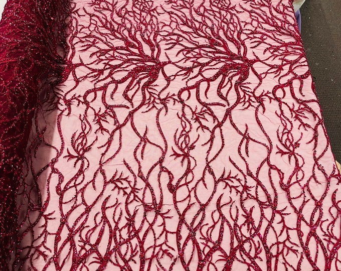 Burgundy Vine Design Embroider and heavy beading on a mesh lace-sold by the yard.