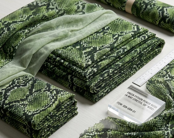 Green Snake Print Mesh Fabric 58” Wide | Sheer Stretch Power Mesh | Python Pattern Spandex Fabric for Dancewear & Fashion