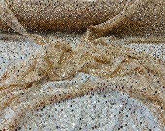 Champagne Sequin Lace Fabric by the Yard – Luxury Beaded Mesh with Pearls, Sequins for Wedding Dresses, Prom Gowns