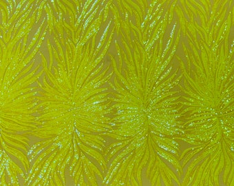 Neon Yellow iridescent phoenix feather design with sequins embroider on a Yellow 4 way stretch mesh fabric-sold by the yard.