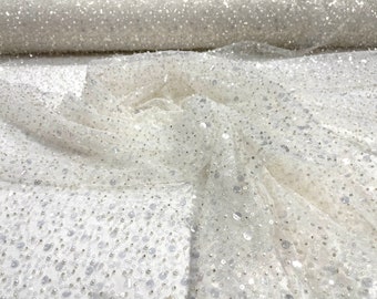 Off White Sequin Lace Fabric by the Yard – Luxury Beaded Mesh with Pearls, Sequins for Wedding Dresses, Prom Gowns