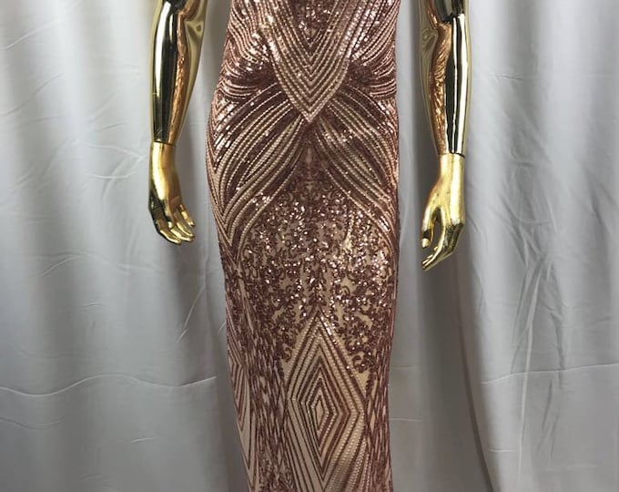 Rose gold geometric diamond design embroider with sequins on a 4 way stretch power mesh-dresses-fashion-prom-nightgown-sold by yard.