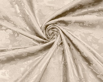 Mocha Big Rose Brocade Jacquard Satin Fabric, 60" Wide, Sold by the yard