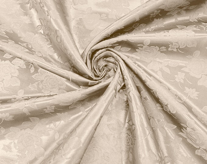 Mocha 60" Wide Polyester Big Roses/Flowers Brocade Jacquard Satin Fabric/Cosplay Costumes, Skirts, Table Linen/Sold By The Yard.
