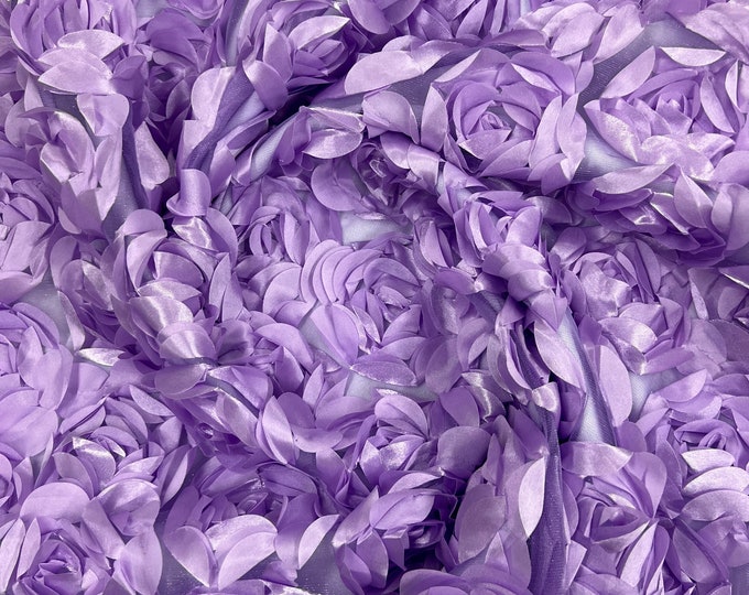 Lilac 3D Rosette Embroidery Satin Rose Flowers  Floral Mesh Fabric by the yard