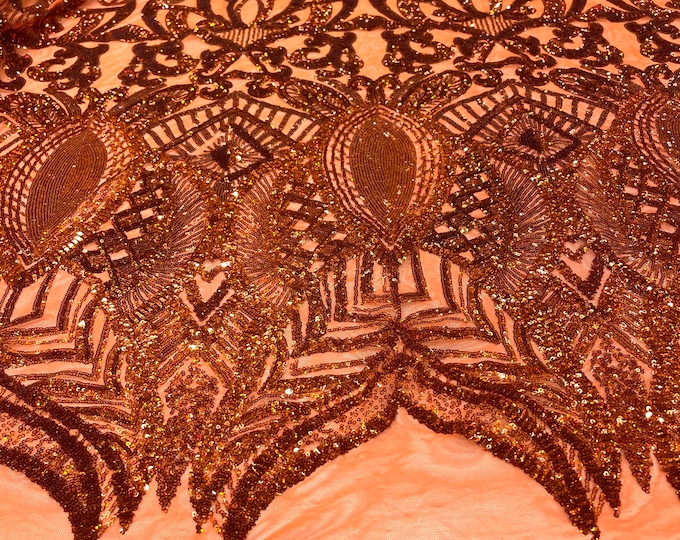 Burnt orange iridescent royalty sequin design on 4 way stretch mesh-prom-sold by the yard.