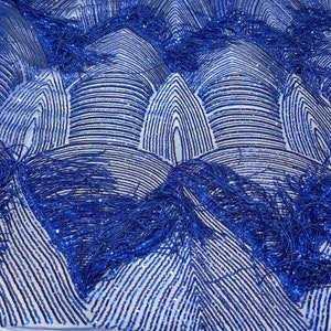 Royal Blue shiny fringe sequins design on a 4 way stretch mesh fabric-prom-sold by the yard.
