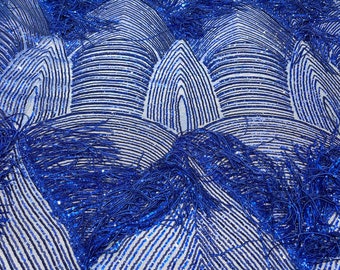 Royal Blue shiny fringe sequins design on a 4 way stretch mesh fabric-prom-sold by the yard.
