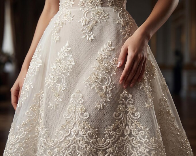 Ivory Beaded Floral Lace Fabric by Yard, Sequin Embroidered Mesh Lace for Bridal Dress Prom Gown Wedding Decor