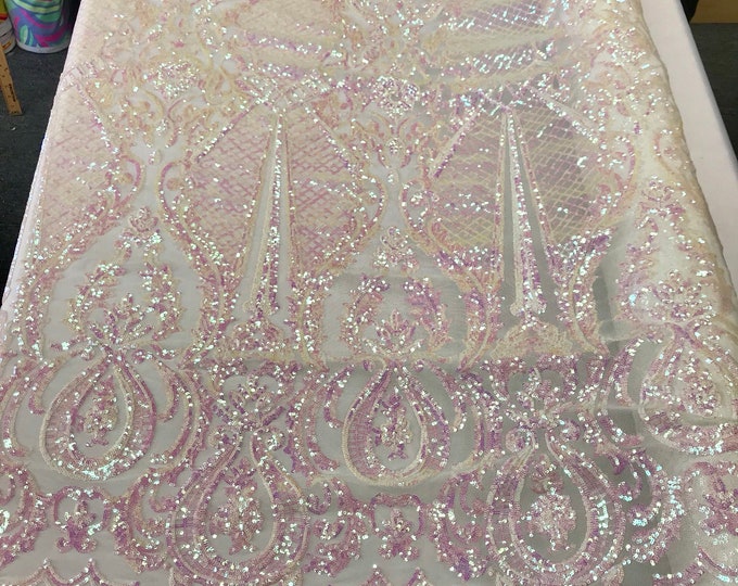 Pink princess design iridescent sequins embroidery on a 4 way stretch white mesh-dresses-fashion-apparel-prom-nightgown-sold by the yard.