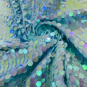 May include: A close-up of iridescent blue sequins on a mesh fabric. The sequins are arranged in a swirling pattern.
