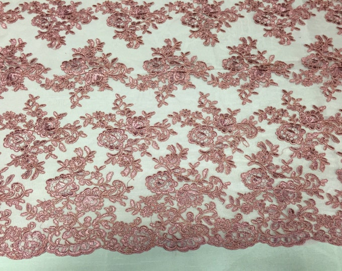 Dusty rose modern roses embroider and corded on a mesh lace -yard